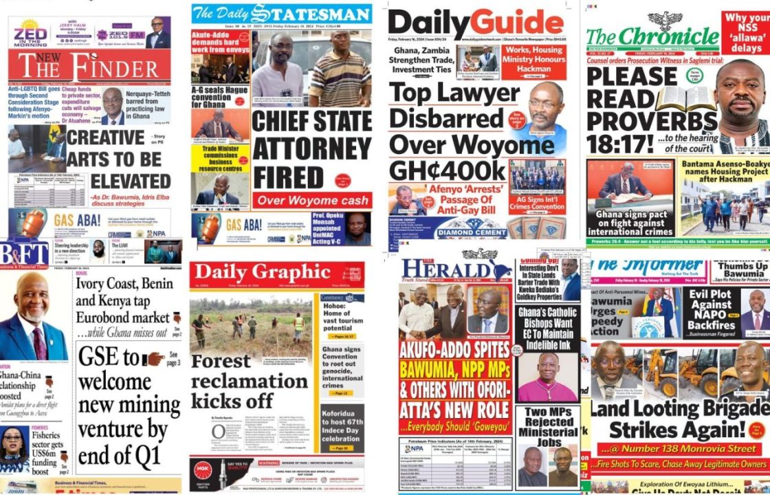 Newspapers, Headlines, Newscenta, Wednesday, Friday, February 16